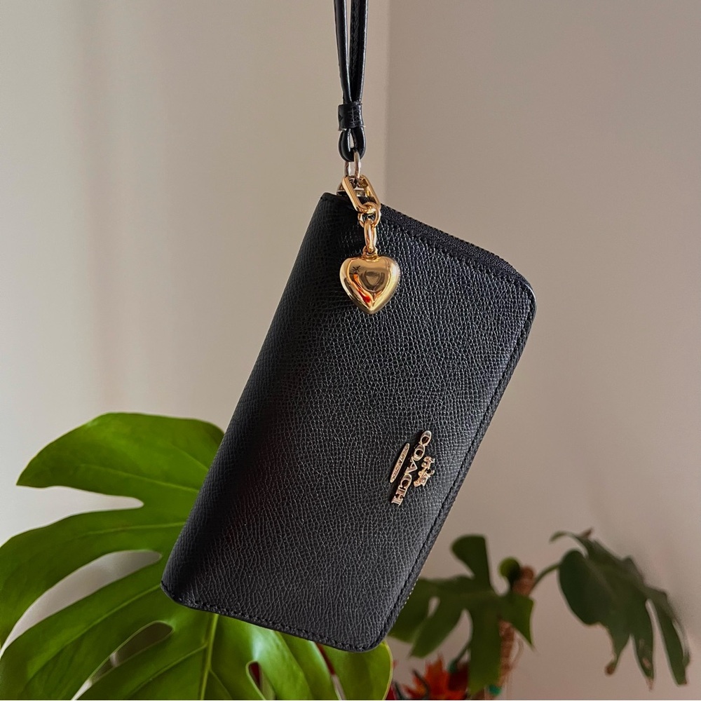 Coach Black Wristlet with Gold Heart Charm
